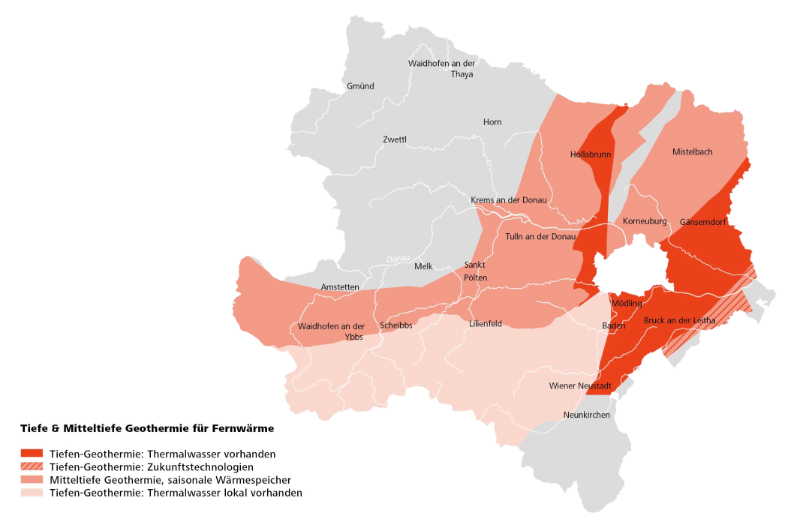 Karte von Niederösterreich mit Potenzial für Tiefen-Geothermie